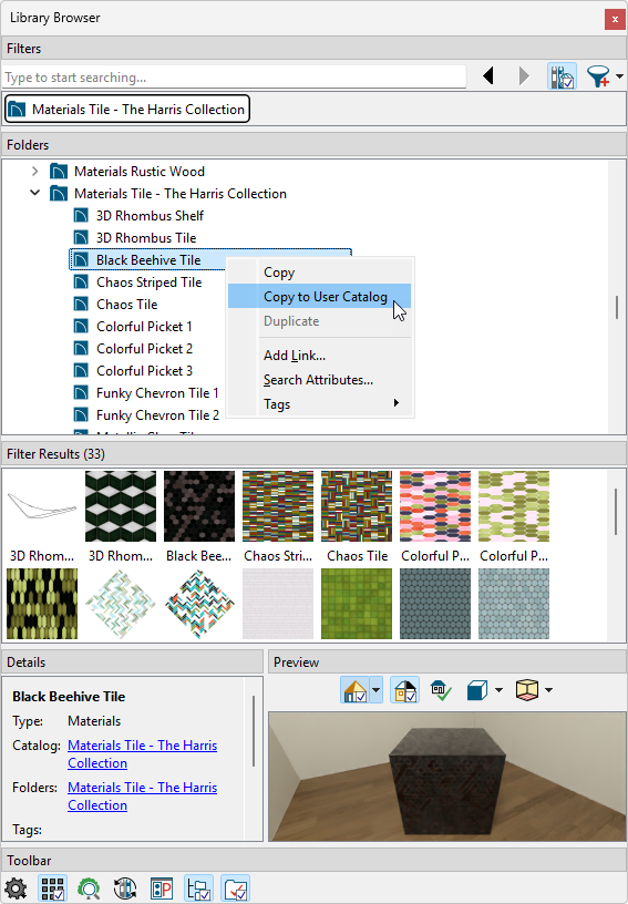 Right-click on the material and choose Copy to User Catalog