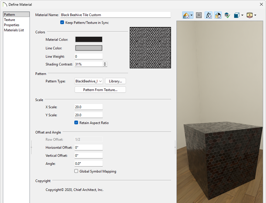 Pattern panel of the Define Material dialog is selected