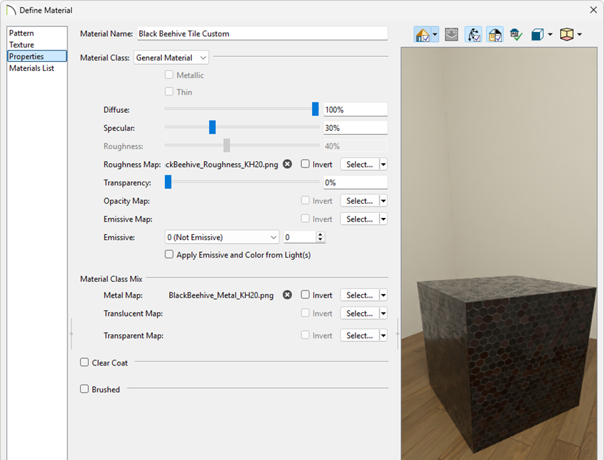 Selecting the Physically Based preview option while on the Properties panel of the Define Material dialog