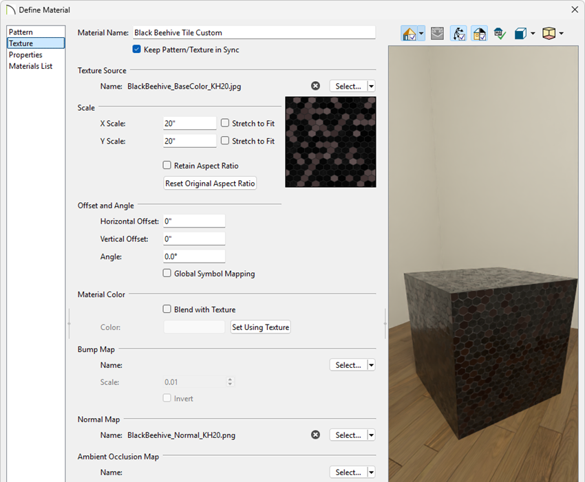 Selecting the Standard rendering technique on the Texture panel of the Define Material dialog