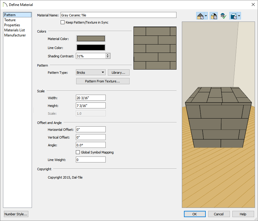Pattern panel of the Define Material dialog is selected