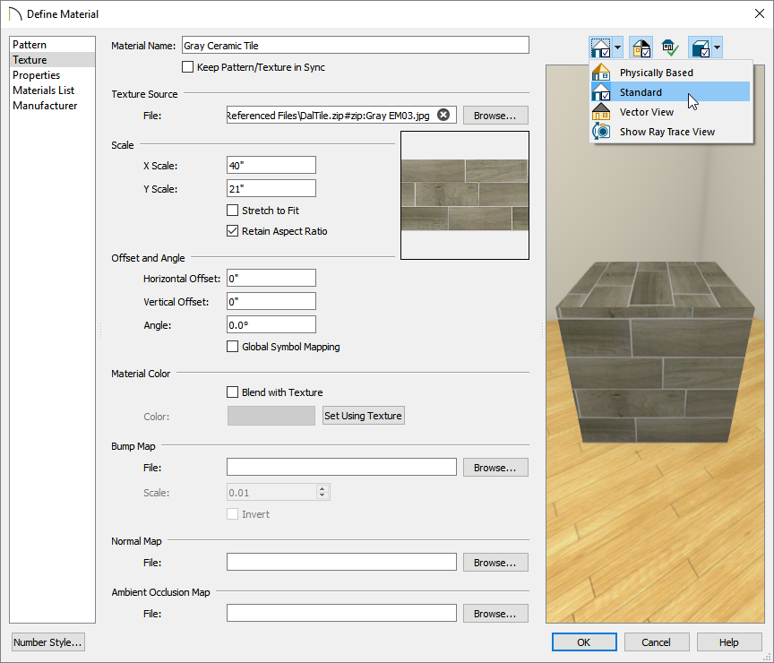 Selecting the Standard rendering technique on the Texture panel of the Define Material dialog