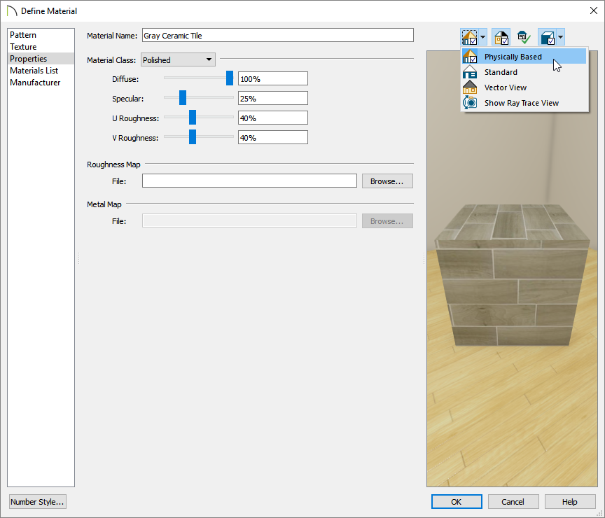 Selecting the Physically Based preview option while on the Properties panel of the Define Material dialog
