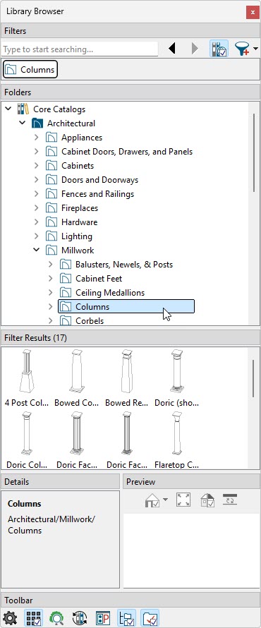 Columns can be located in the Millwork library folder