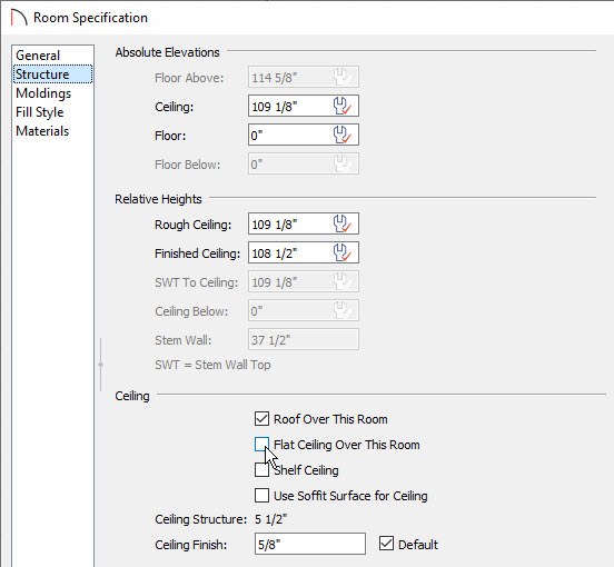 Remove the Flat Ceiling on the Structure panel of the Room Specification dialog