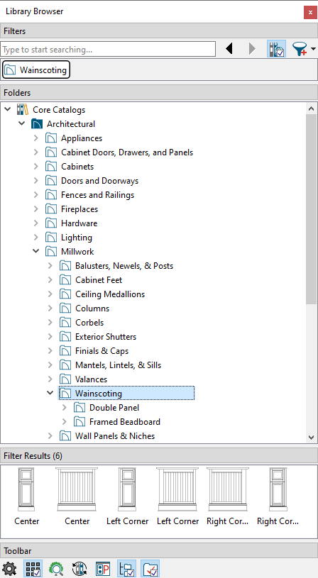 Showing where the wainscoting is in the library browser