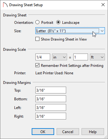 Drawing Sheet Setup dialog