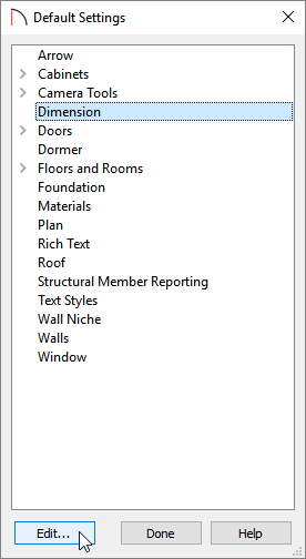 Selecting the Dimension category and then clicking the Edit button in the Default Settings dialog