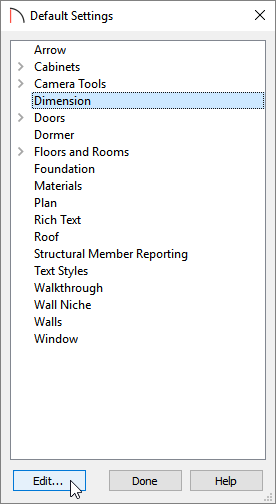 Selecting the Dimension category and then clicking the Edit button in the Default Settings dialog