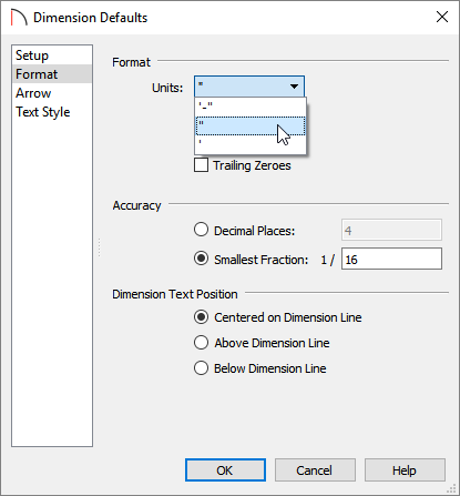 Selecting inches from the Units drop-down menu located on the Format panel of the Dimension Defaults dialog