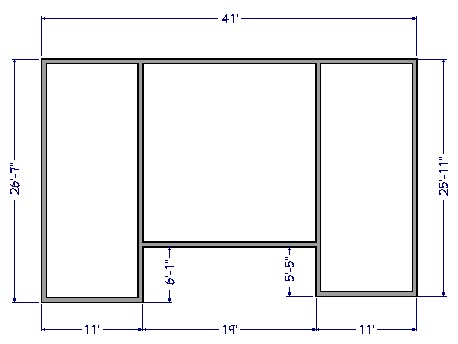 Floor plan view of house with square middle section and two rectangular sections on each side