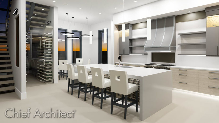 Kitchen island with a waterfall countertop