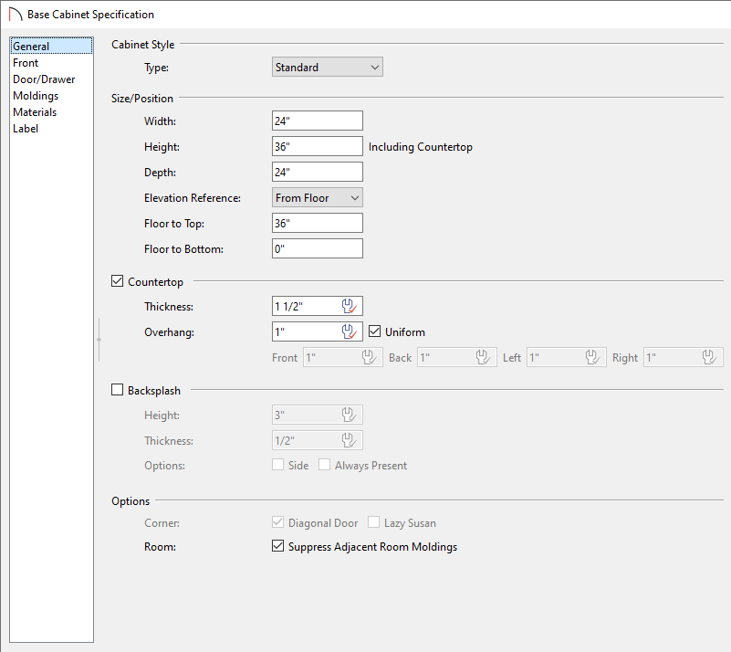 General panel of the Base cabinet specification dialog