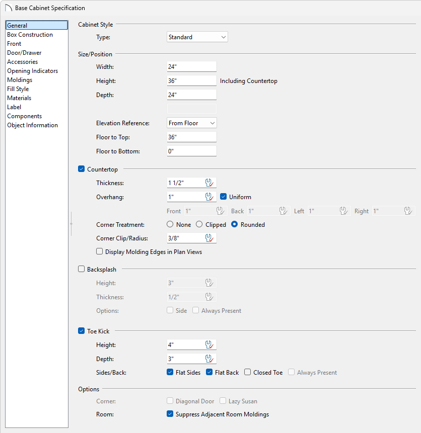 General panel of the Base Cabinet Specification dialog