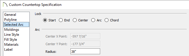 Adjust the radius manually on the Selected Arc panel of the Custom Countertop Specification dialog.