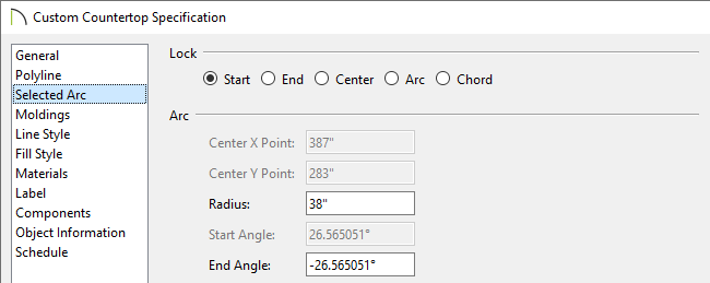 Adjust the radius manually on the Selected Arc panel of the Custom Countertop Specification dialog.