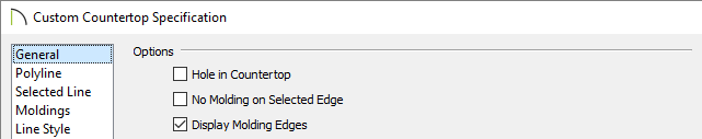 Display Molding Edges option enabled in the Custom Countertop Specification dialog.
