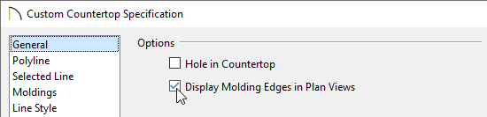 Display Molding Edges option enabled in the Custom Countertop Specification dialog. 