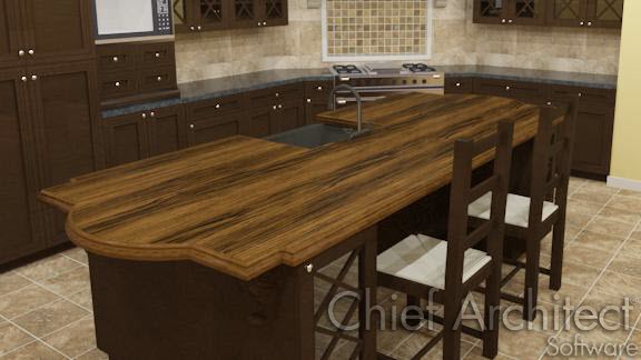 A wood countertop that has been edited into a custom shape Countertops can be modified to be any shape.