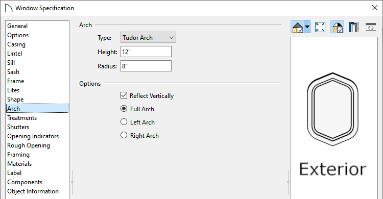 Arch panel of the Window Specification dialog in Home Designer Pro