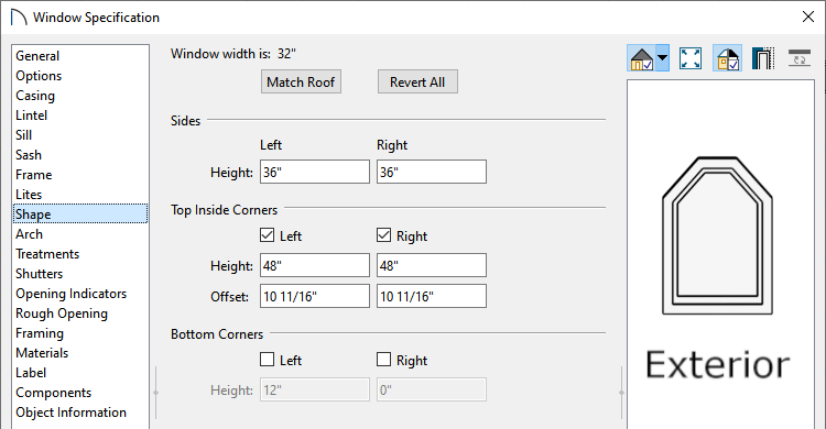 Shape panel of the Window Specification dialog in Home Designer Pro