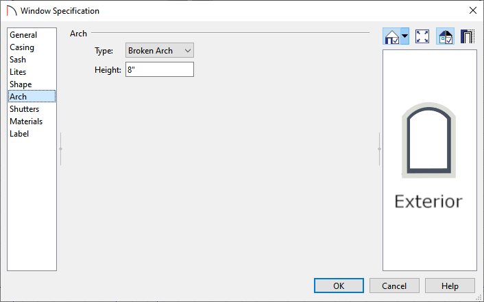 Arch panel of the Window Specification dialog in Home Designer Suite