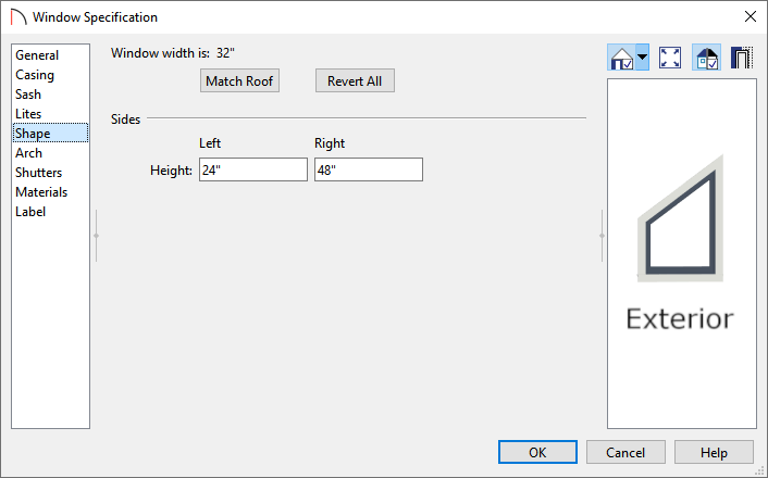 Shape panel of the Window Specification dialog in Home Designer Suite