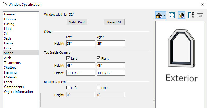 Shape panel in the Window Specification dialog