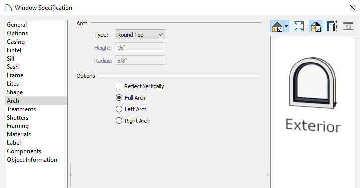 Arch panel with a round top window in the Window Specification dialog