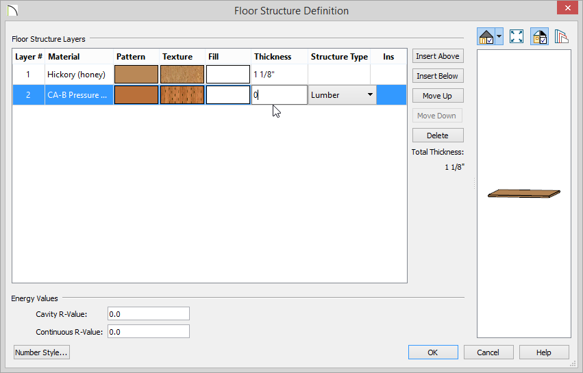 Floor Structure Definition Floor Structure Definition dialog with Hickory planks, Pressure Treated Wood for layer 2. 1 1/8 inch thickness for planks and zero thickness for layer 2