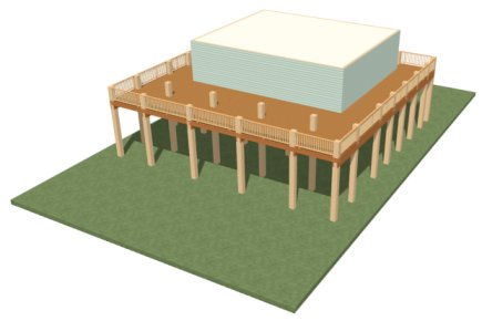 Perspective Full Overview showing terrain, posts, stringers, joists, deck planking and house