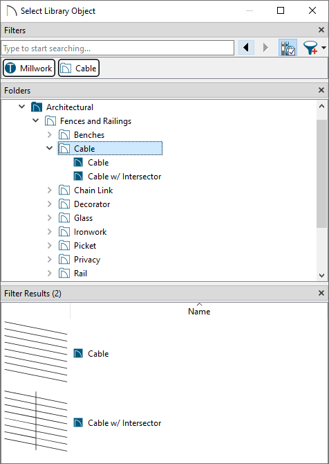 Select Library Object dialog showing Cable under Fences and Railings which is under Architectural in the Core Catalog