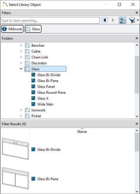 Select Library Object dialog showing Glass under Fences and Railings which is under Architectural in the Core Catalog