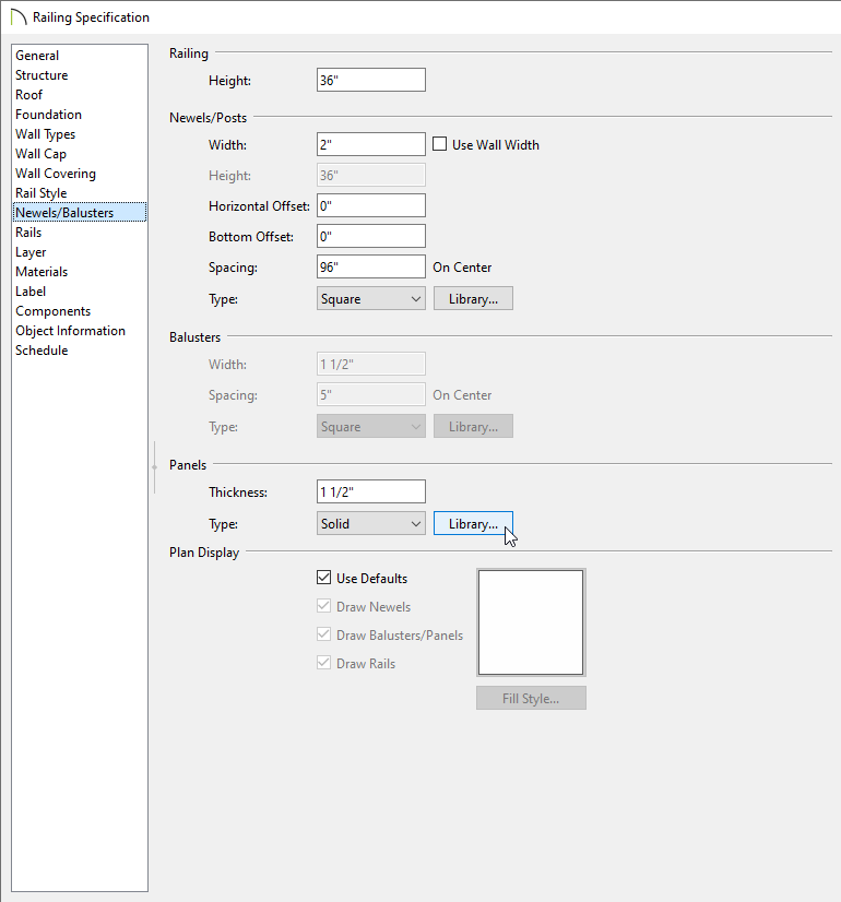 Railing Specification – Newels/Balusters panel showing the Library button next to Type in the Panels section