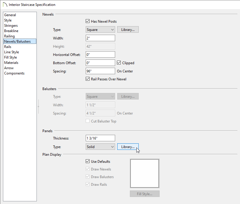 Interior Staircase Specification – Newels/Balusters panel showing Library button next to Type option under Panels