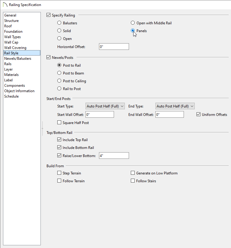 Railing Specification dialog showing Panels selected