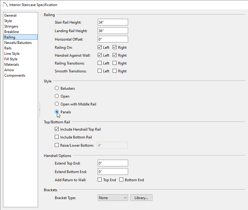 Staircase Specification dialog showing Panels selected under Style