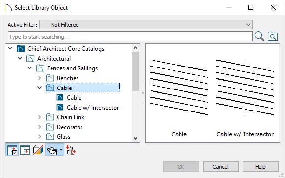 Select Library Object dialog showing Cable under Fences and Railings which is under Architectural in the Core Catalog