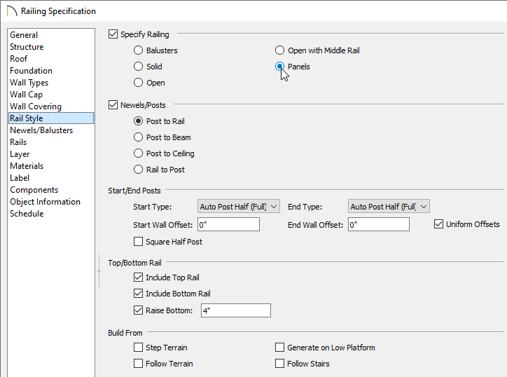 Railing Specification dialog showing Panels selected