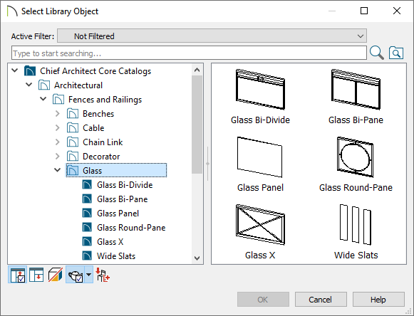 Select Library Object dialog showing Glass under Fences and Railings which is under Architectural in the Core Catalog