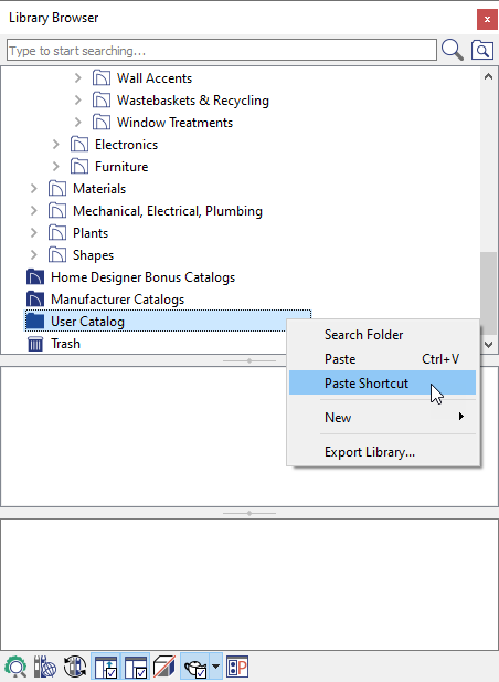 Choosing Paste Shortcut in the Right Click menu on the User Catalog