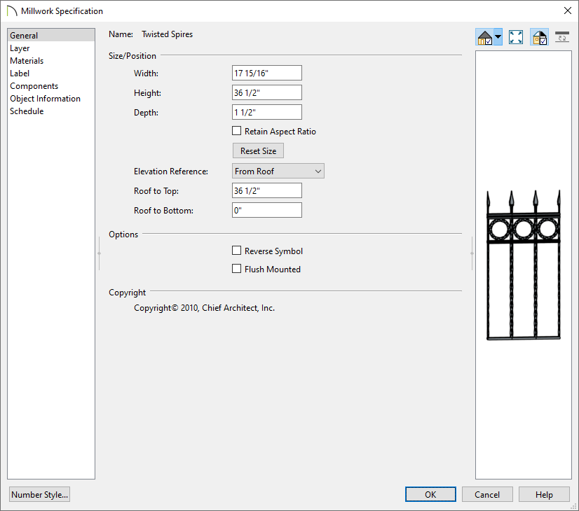 Millwork Specification dialog changing the Elevation Reference and Roof to Bottom options