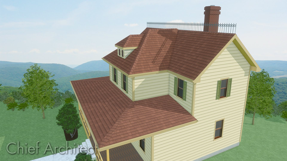 Physically based perspective overview of a Victorian house with symbols that sit on the roof