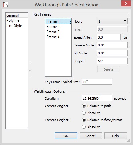 Walkthrough Path Specification showing options for Key Frames