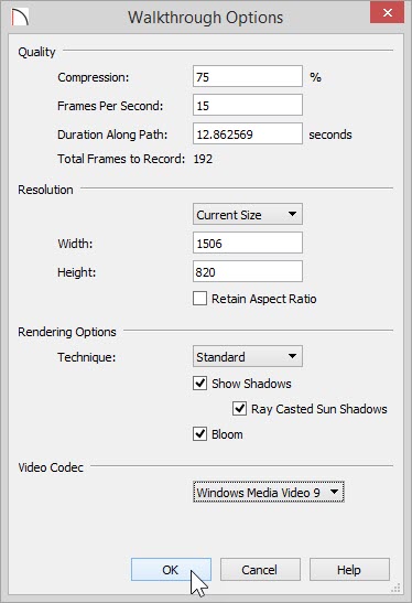 Walkthrough Options dialog showing options for creating the walkthrough