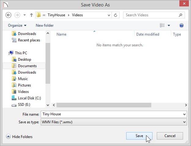 Save Video As dialog showing location and file name for saving the walkthrough video