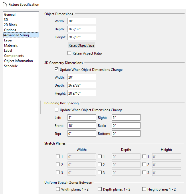 Advanced Sizing panel of the Fixture Specification dialog where bounding box properties can be adjusted