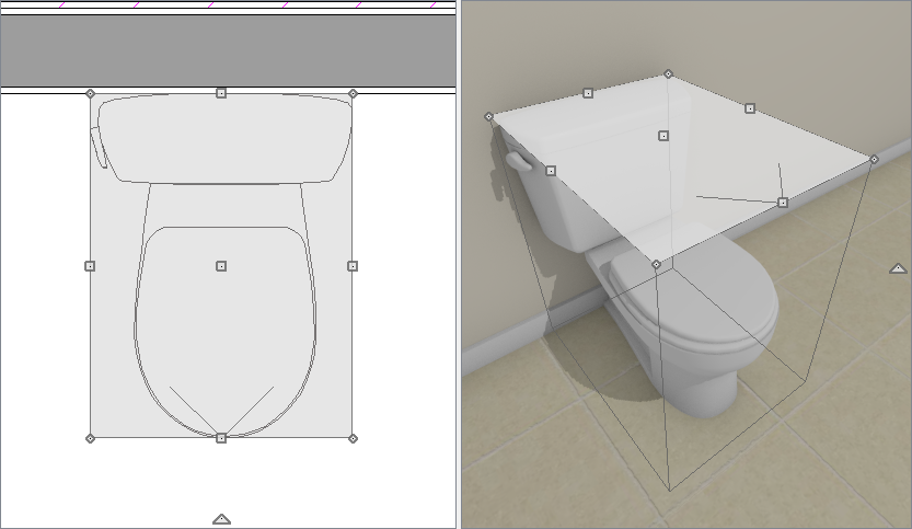 Bounding box for a toilet can be seen in 2D and 3D. 