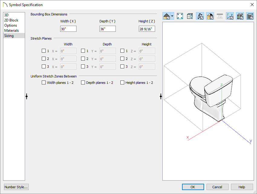 Symbol Specification dialog Sizing panel of the Symbol Specification dialog where bounding box properties can be adjusted
