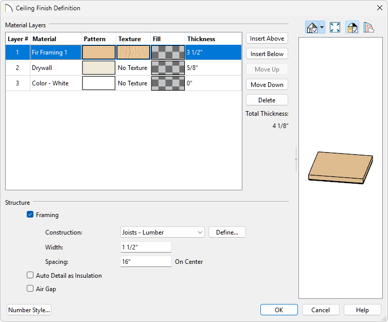 Framing layer added to Ceiling Finish Definition